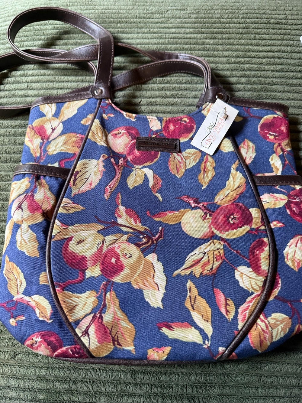 Longaberger Floral Print Blue Canvas Tote with Brown Trim